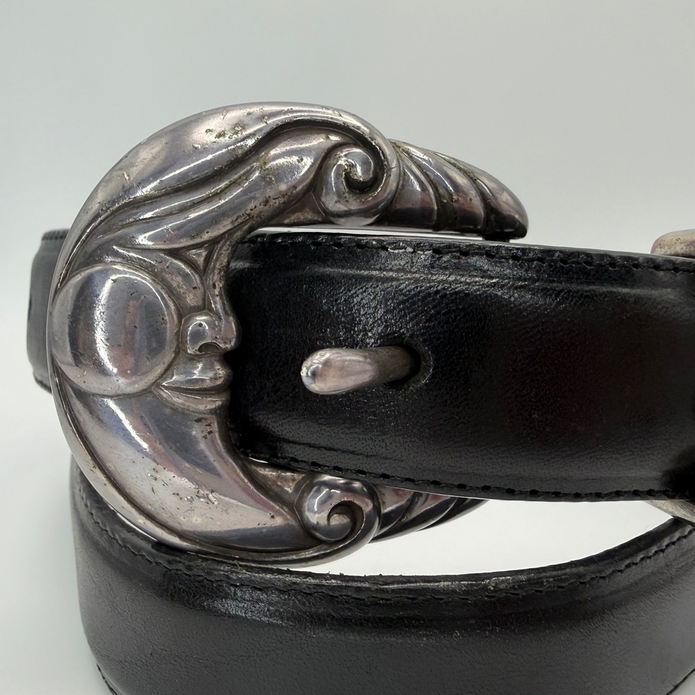 Onyx Brighton Vintage Crescent Moon Buckle Black Leather Belt 34 Whimsigoth Rare - Picture 2 of 8
